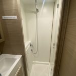 Salle de bain du catamaran Lagoon 42 avec douche séparée, lavabo et toilettes marines